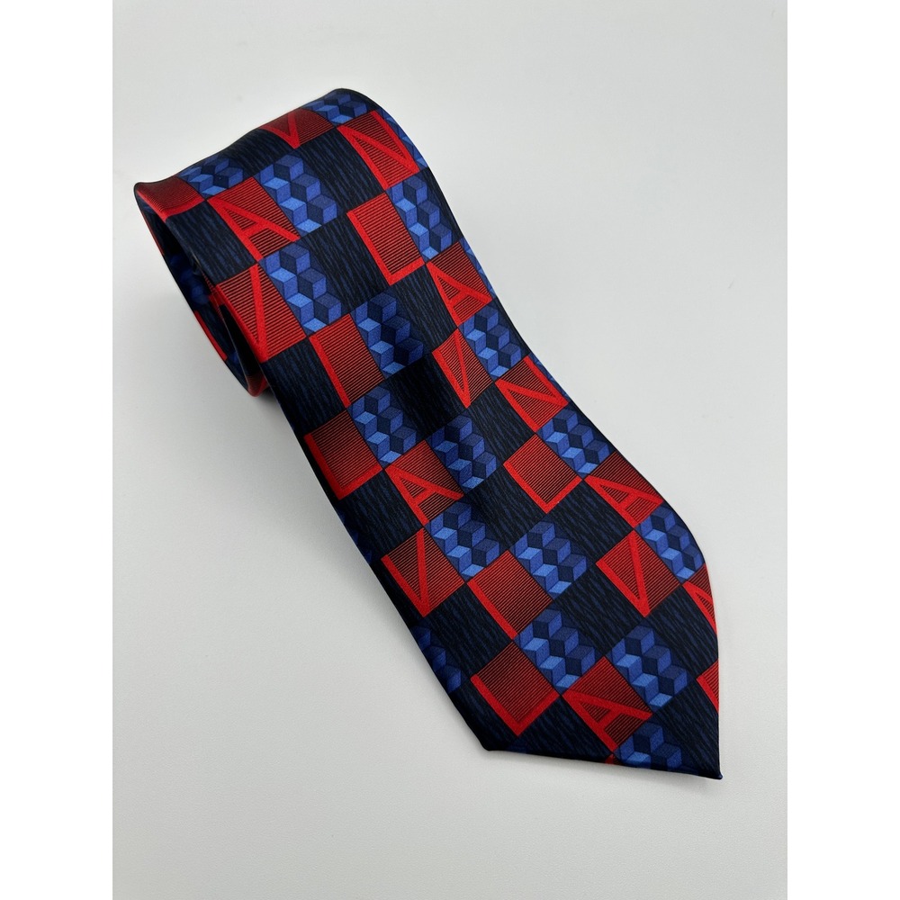 Lanvin Paris Mens Silk Tie Red Blue Geometric Logo France Abstract Retro
